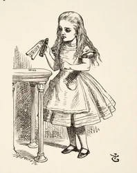 Alicia mirando la botella de Bébeme, de Las aventuras de Alicia en el país de las maravillas de Lewis Carroll, publicado en 1891